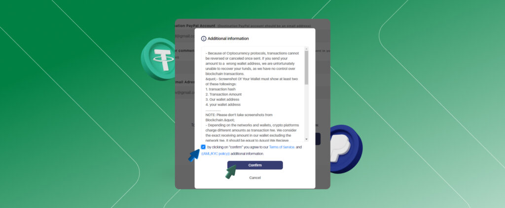 How to Exchange Tether to PayPal Step 5 - confirming terms and conditions